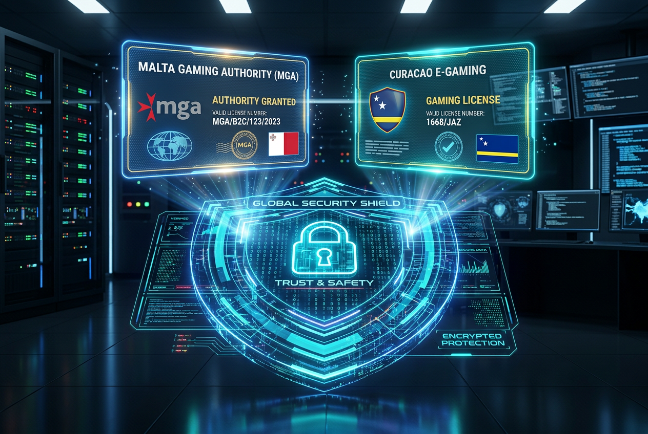 High-tech digital shield representing international gambling licenses and security certifications