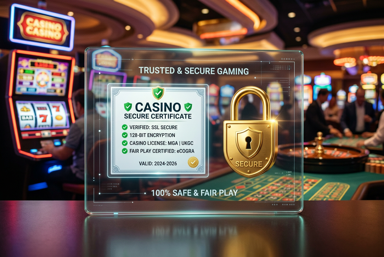 Bezpieczeństwo w kasynach online - ikona tarczy i kłódki na tle nowoczesnej grafiki kasynowej symbolizująca ochronę danych