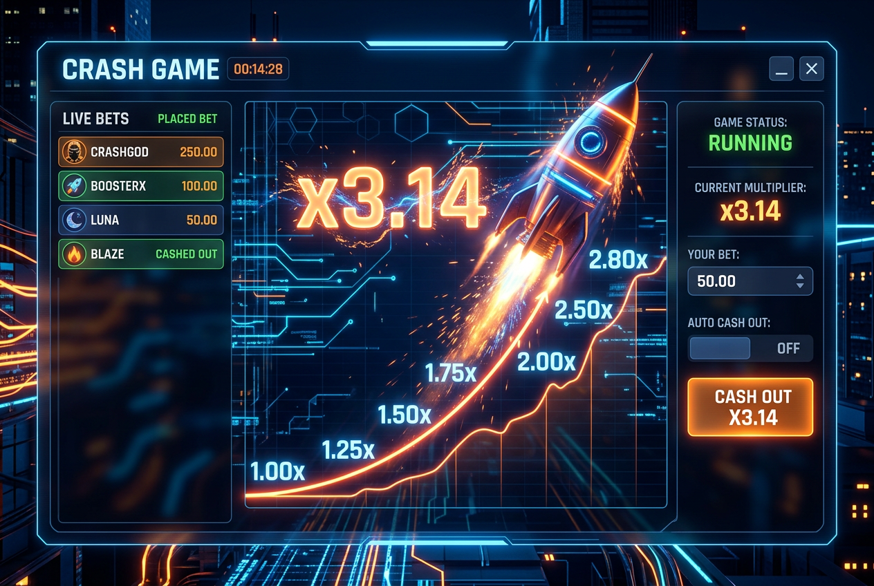 Dynamiczna infografika przedstawiająca mechanikę gier typu Crash z rosnącym mnożnikiem i elementami interfejsu mobilnego
