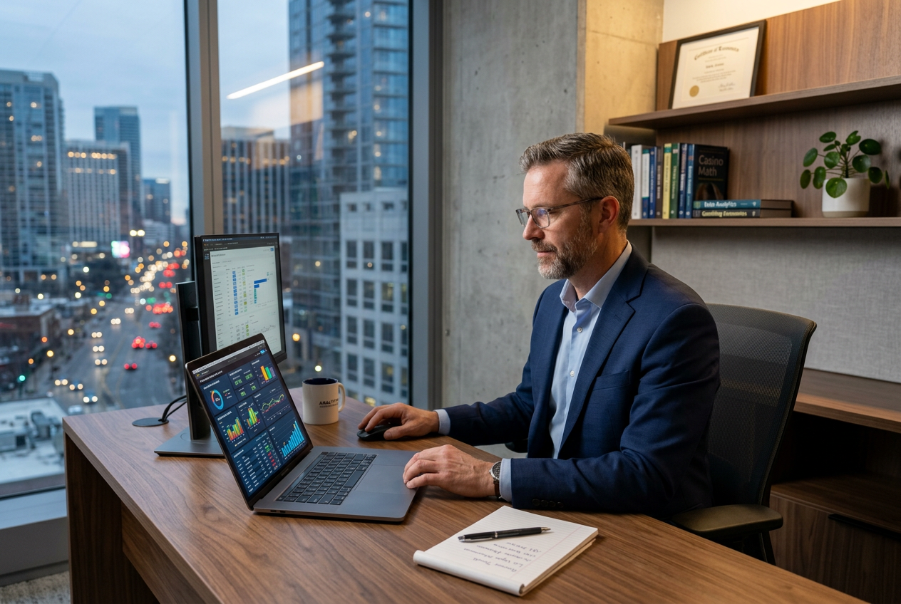 Ekspert analizujący statystyki kasynowe na nowoczesnym laptopie w biurze