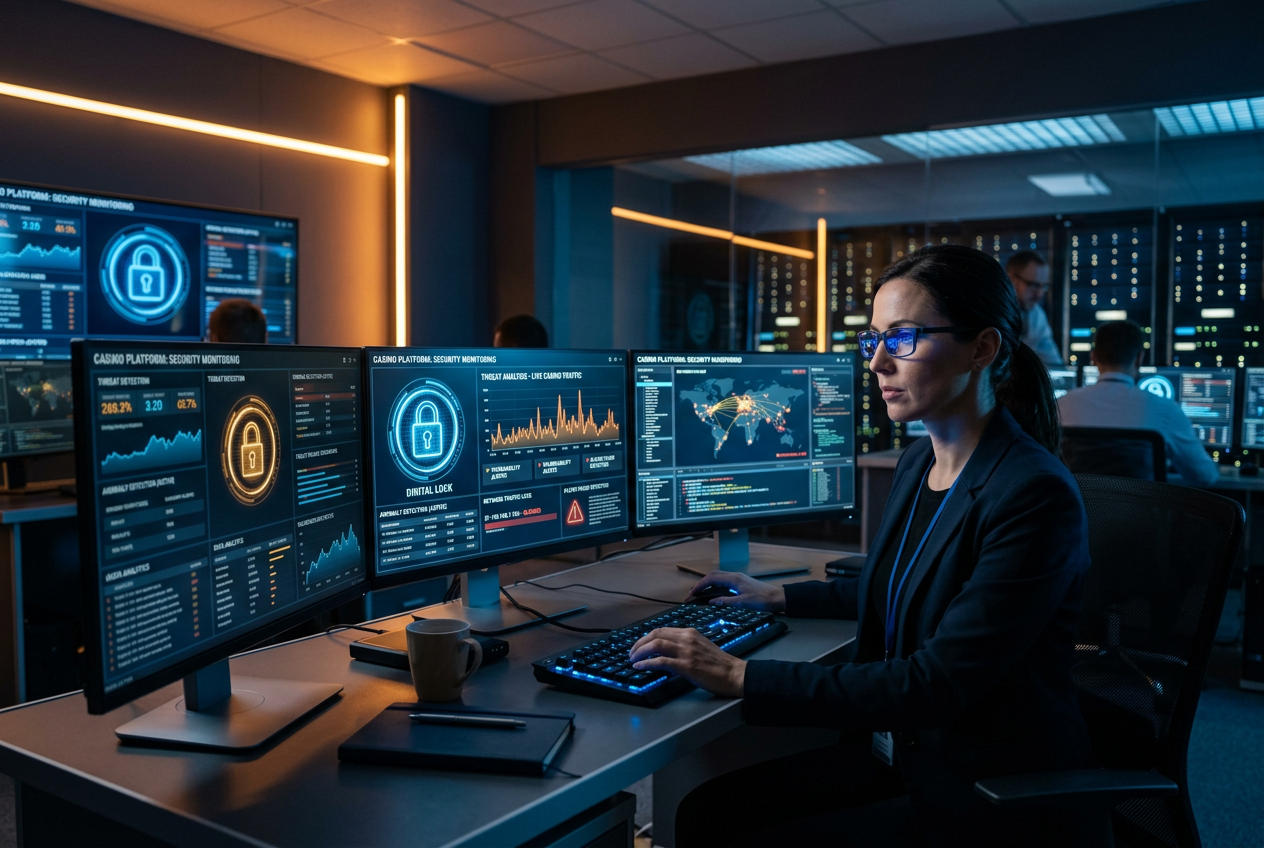 Professional expert verifying casino license data on multiple screens in a dark home office environment