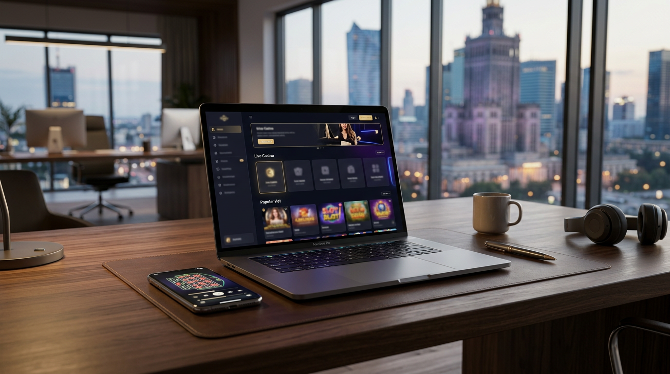Nowoczesny laptop i smartfon z interfejsem kasyna online na eleganckim biurku