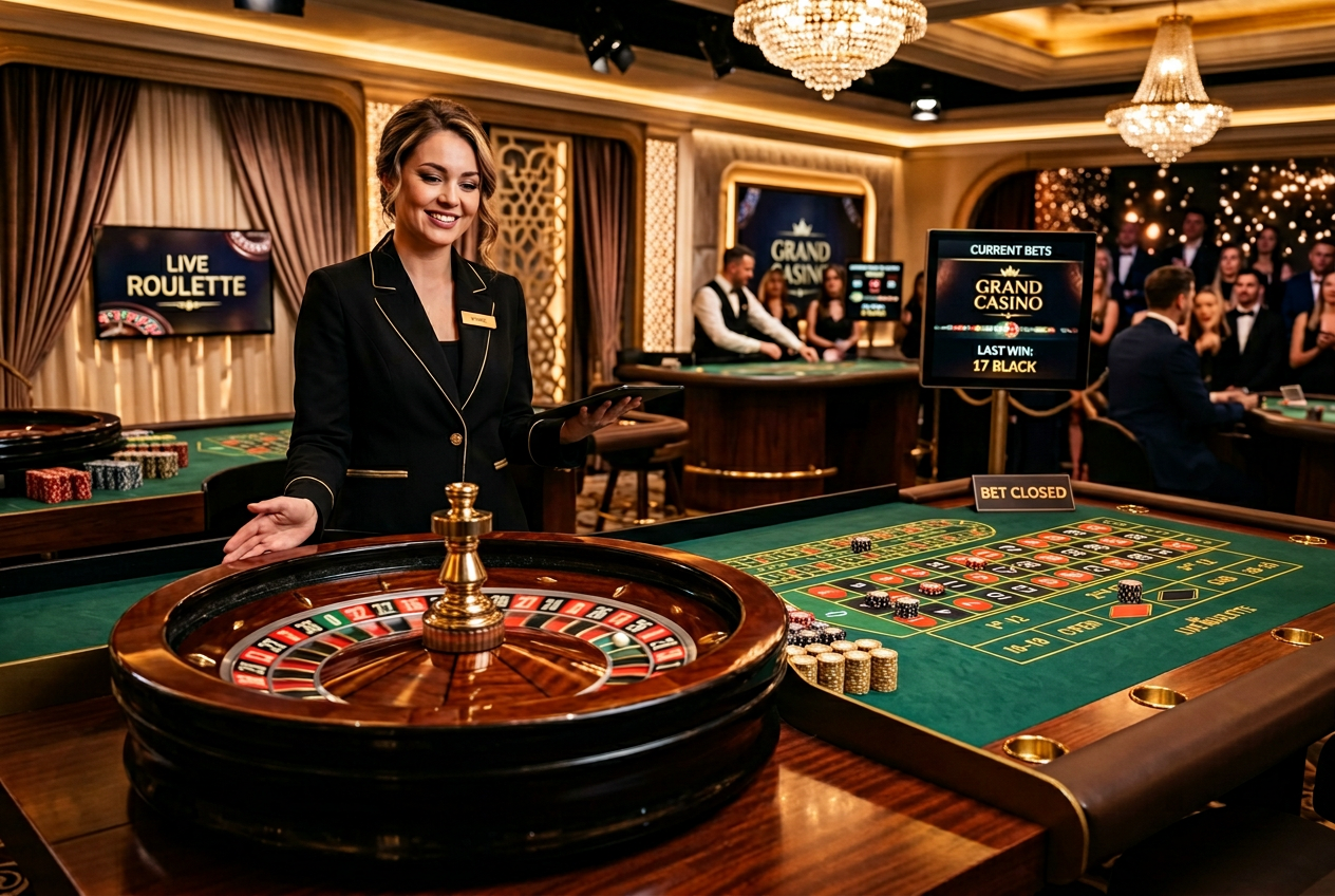 Elegancki stół do gry w ruletkę w profesjonalnym studiu kasyna na żywo z wysokiej jakości oświetleniem