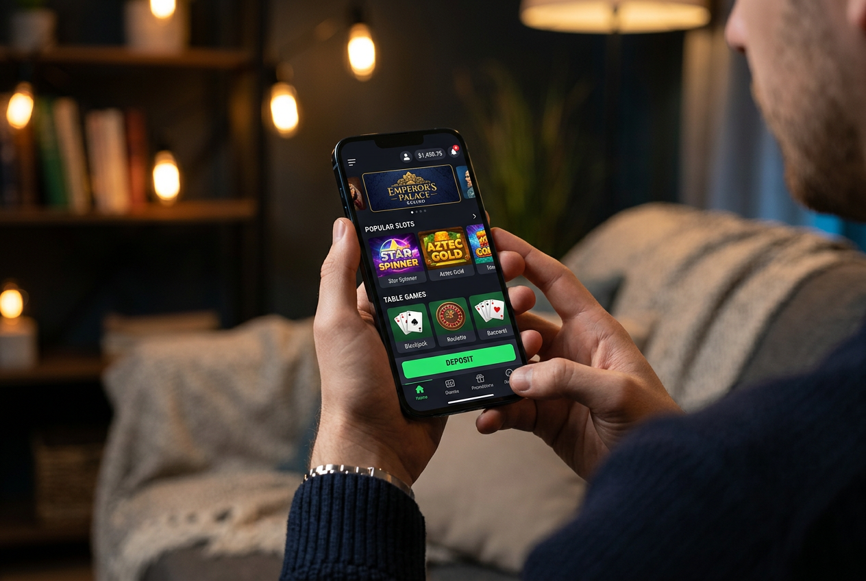 Nowoczesny smartfon z aplikacją kasyna online wyświetlającą kolorowe sloty i przycisk depozytu