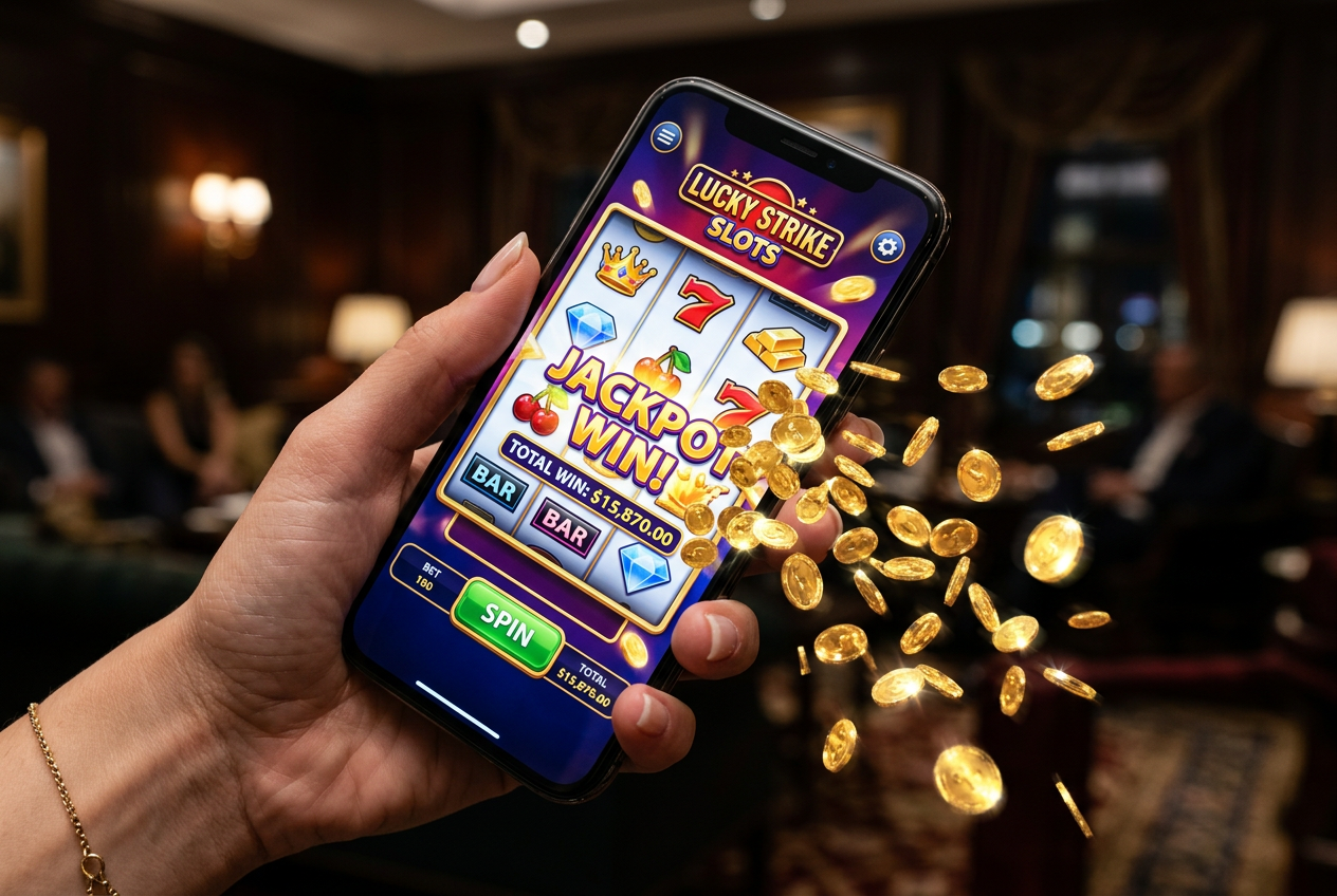 Close-up of a high-end smartphone screen showing a premium slot machine game with gold coins and animation