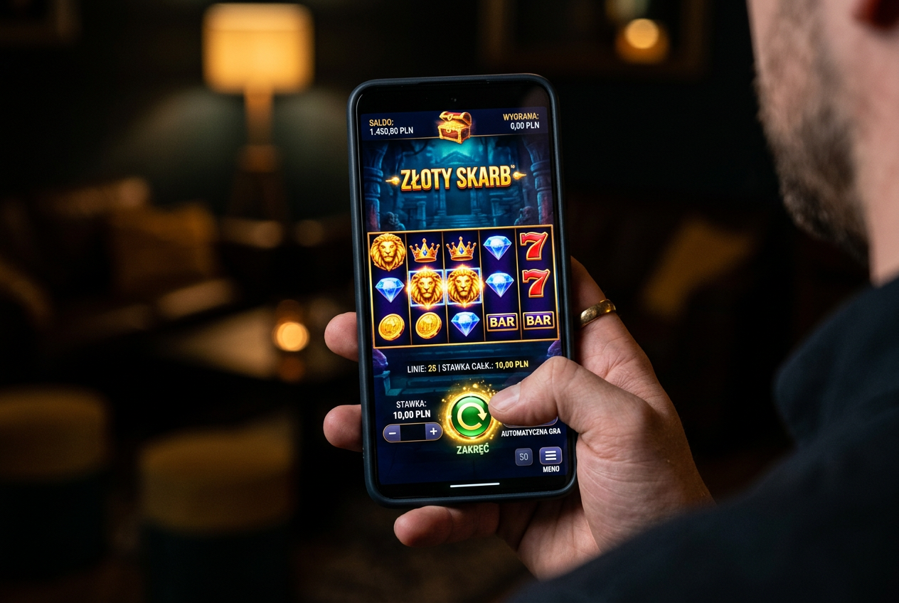 Ekran smartfona z uruchomioną kolorową grą typu slot w polskim kasynie
