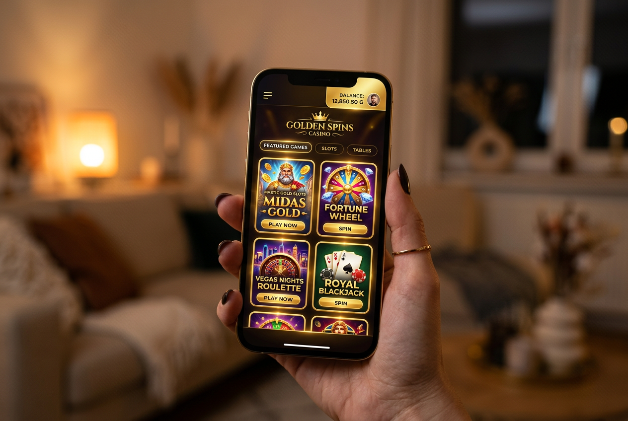 Modern interface of a new online casino on a high-end smartphone display with golden accents