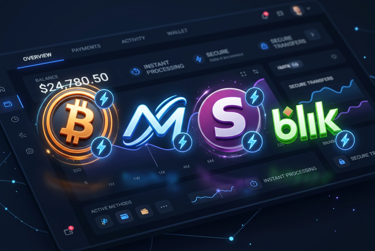 Grafika prezentująca logotypy Bitcoin, MiFinity, Skrill oraz BLIK na nowoczesnym, ciemnym interfejsie