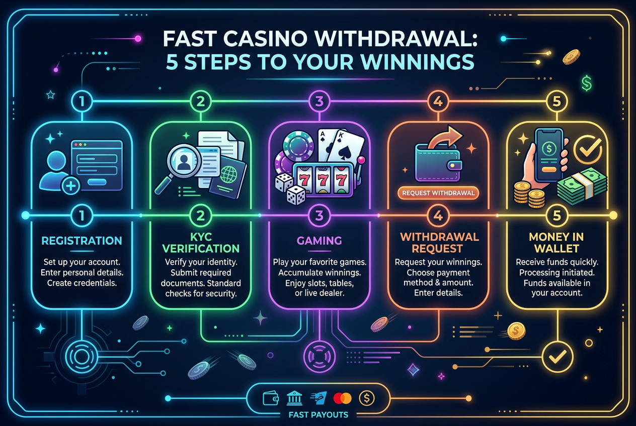 Infografika przedstawiająca 5 kroków szybkiej wypłaty w kasynie online